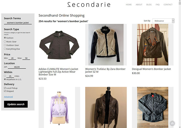 Screenshot of fashion results on Secondarie showing women's bomber jackets