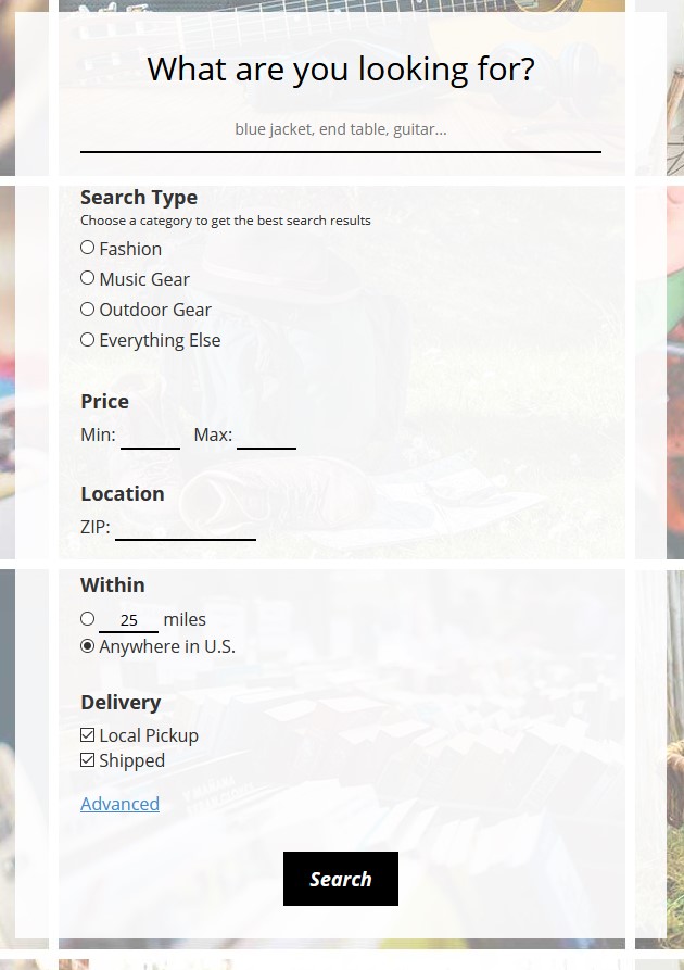 Screenshot of Secondarie search filters including search type, price, location, distance radius, and delivery options